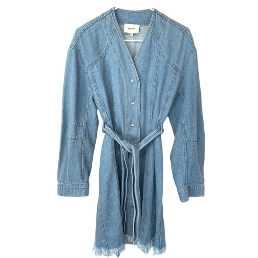 NWOT NANUSHKA Iris Blue Denim V-Neck Raw-Hem Belted Knee-Length‎ Jacket Dress XL